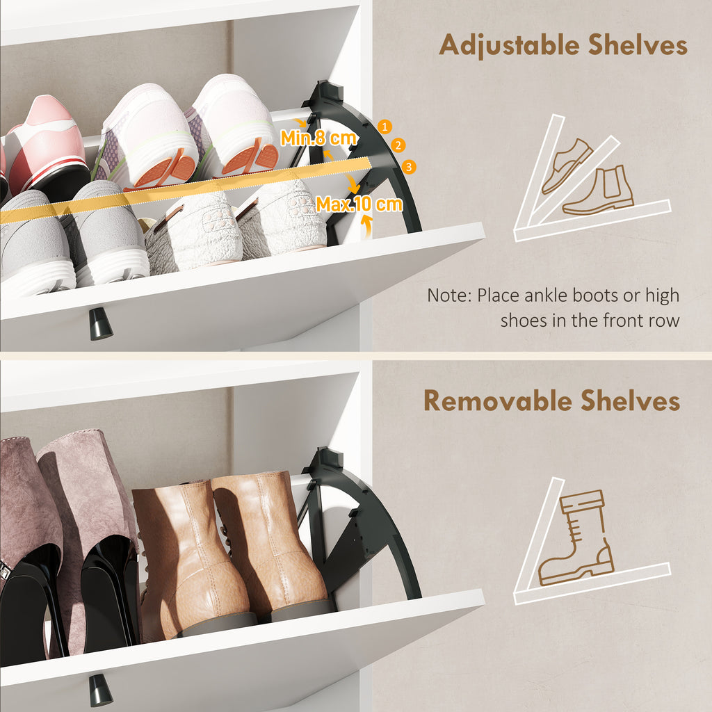 Slim Shoe Rack with 2 Flap Drawers and Adjustable Shelves, Made of Wood and Metal, 80x24x101 cm, White
