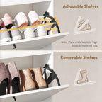 Slim Shoe Rack with 2 Flap Drawers and Adjustable Shelves, Made of Wood and Metal, 80x24x101 cm, White