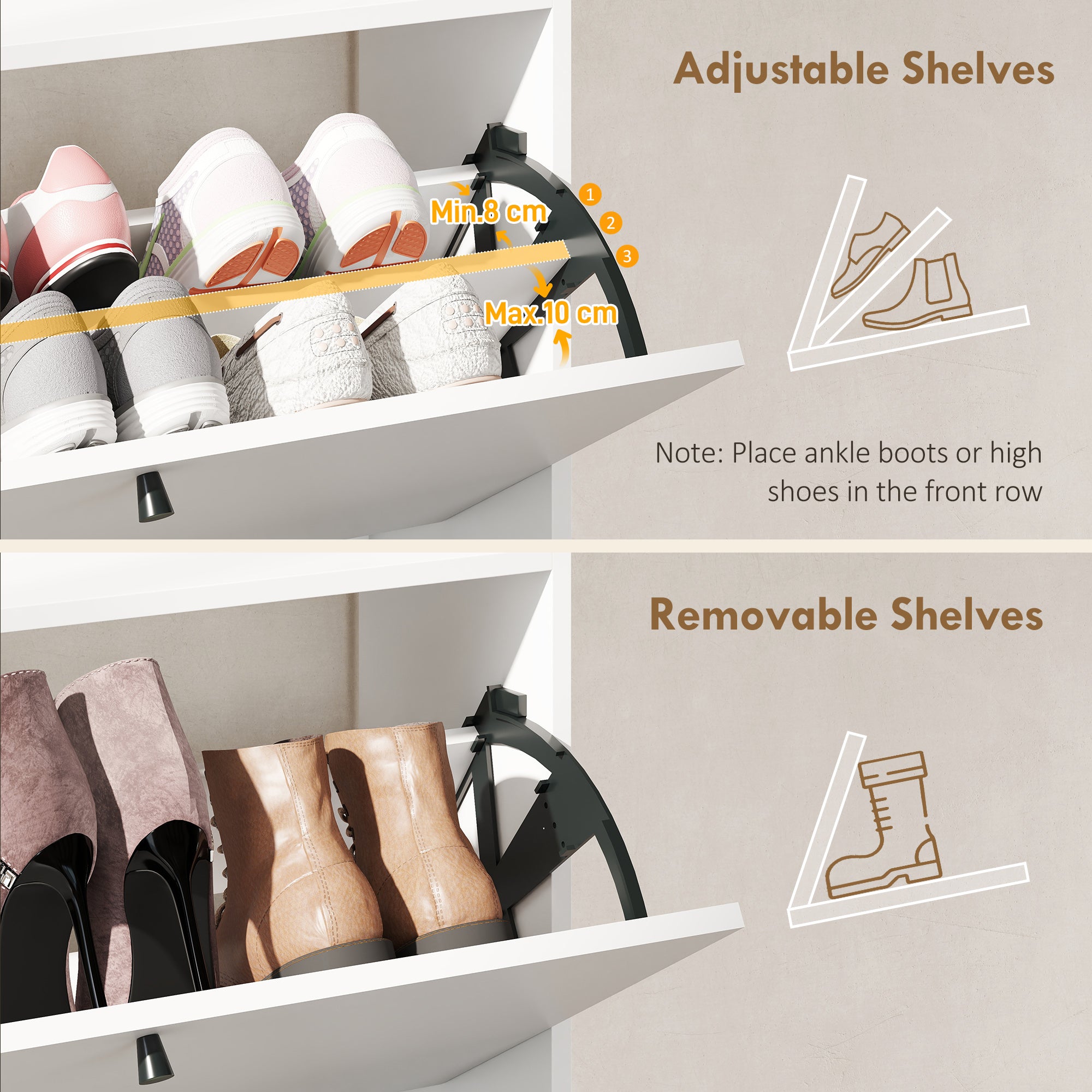 Slim Shoe Rack with 2 Flap Drawers and Adjustable Shelves, Made of Wood and Metal, 80x24x101 cm, White
