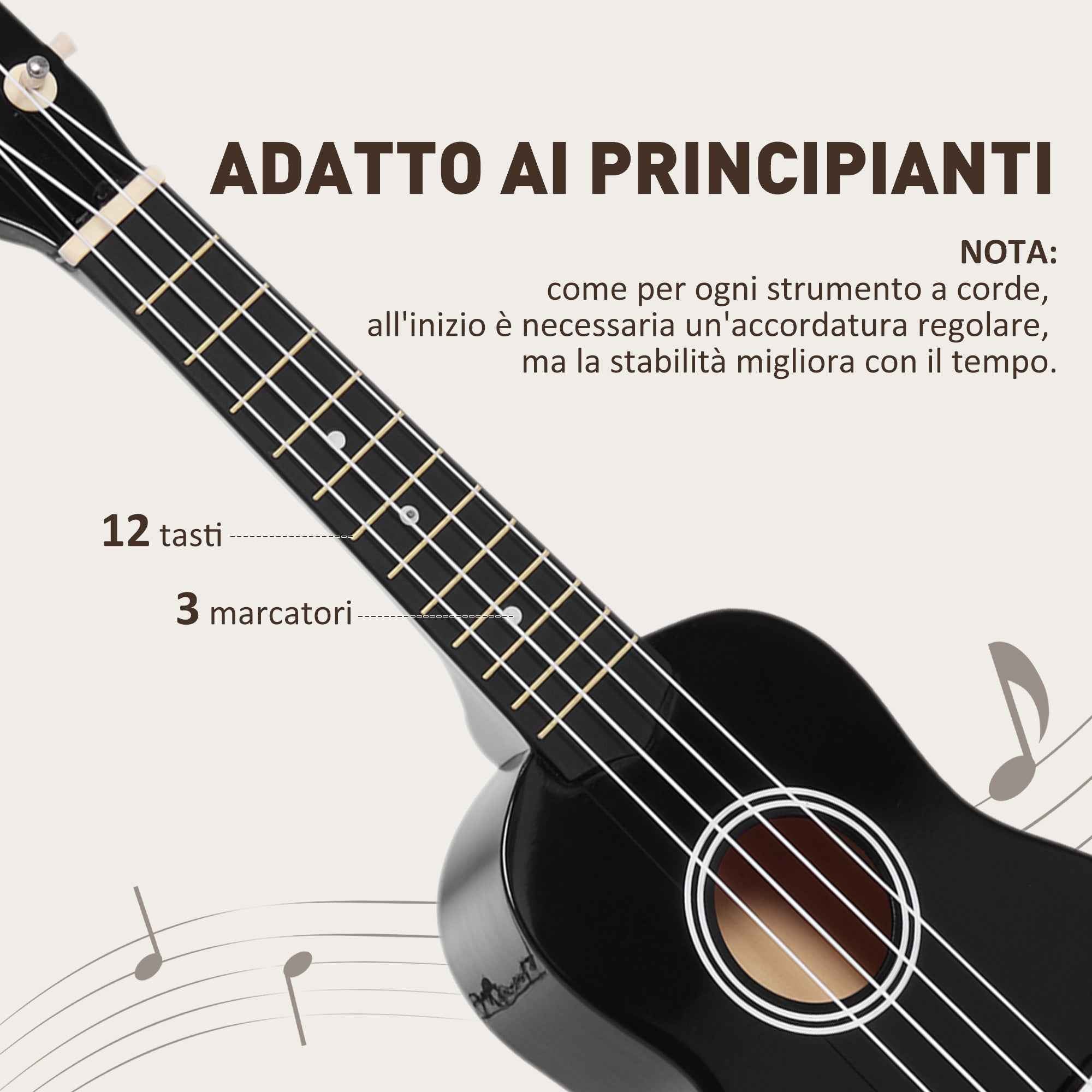 HOMCOM 21-Inch Beginner Ukulele with Nylon Strings, Pick and Replacement String, Black