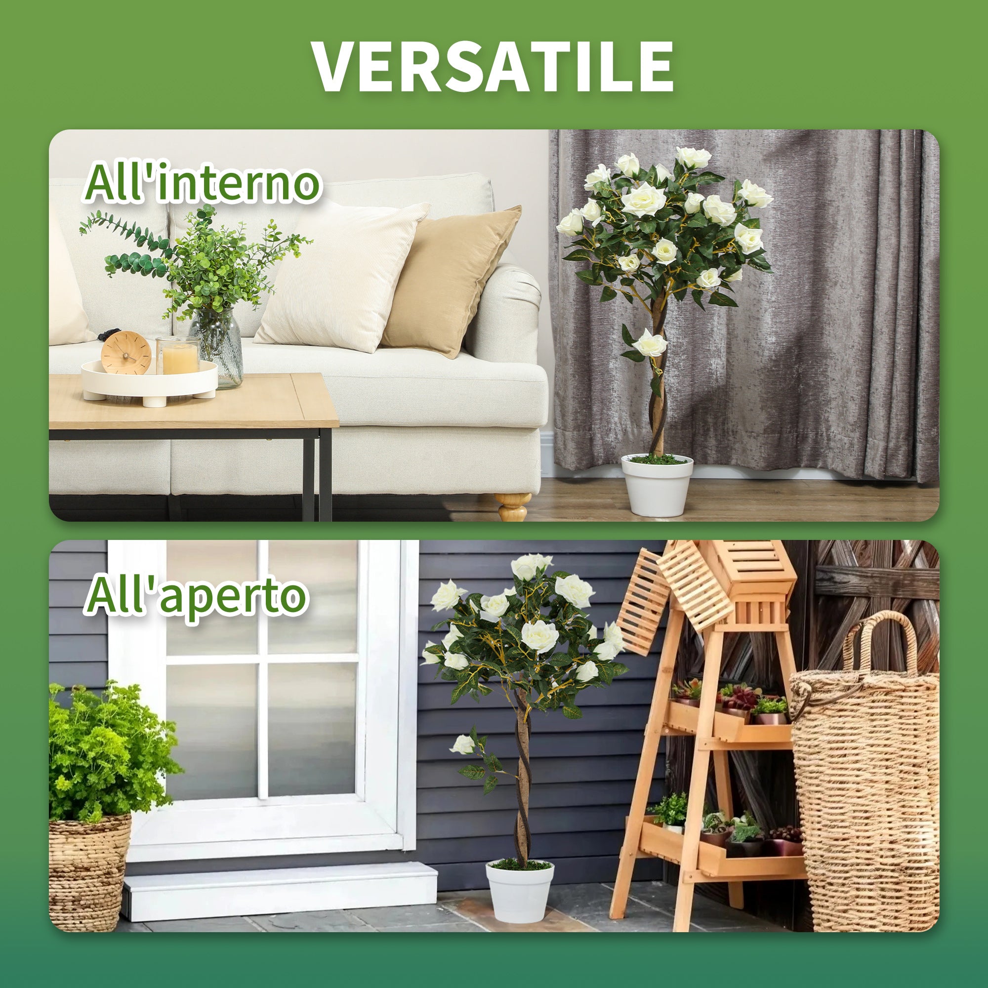 Outsunny 21-Flower Fake Rose Plant with Cement and Moss-Filled Pot, Ø18x90 cm, White