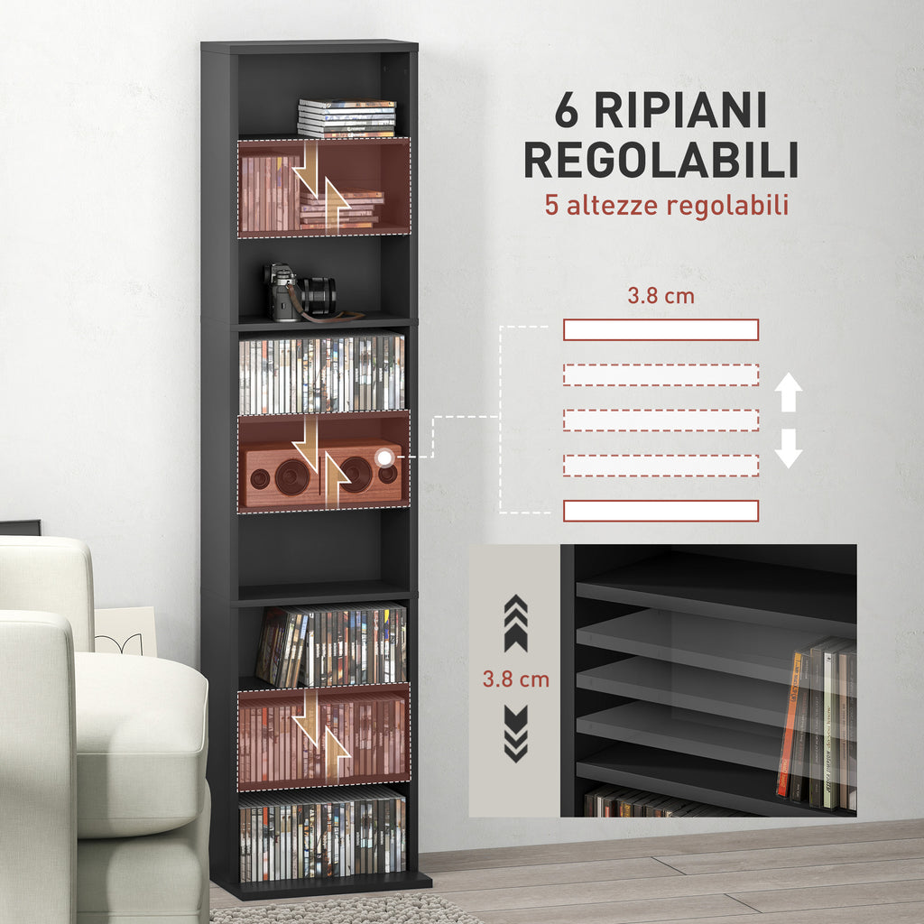 CD Rack with 6 Adjustable Shelves, Capacity of 260 CDs/120 DVDs, 33x24x140 cm, Black