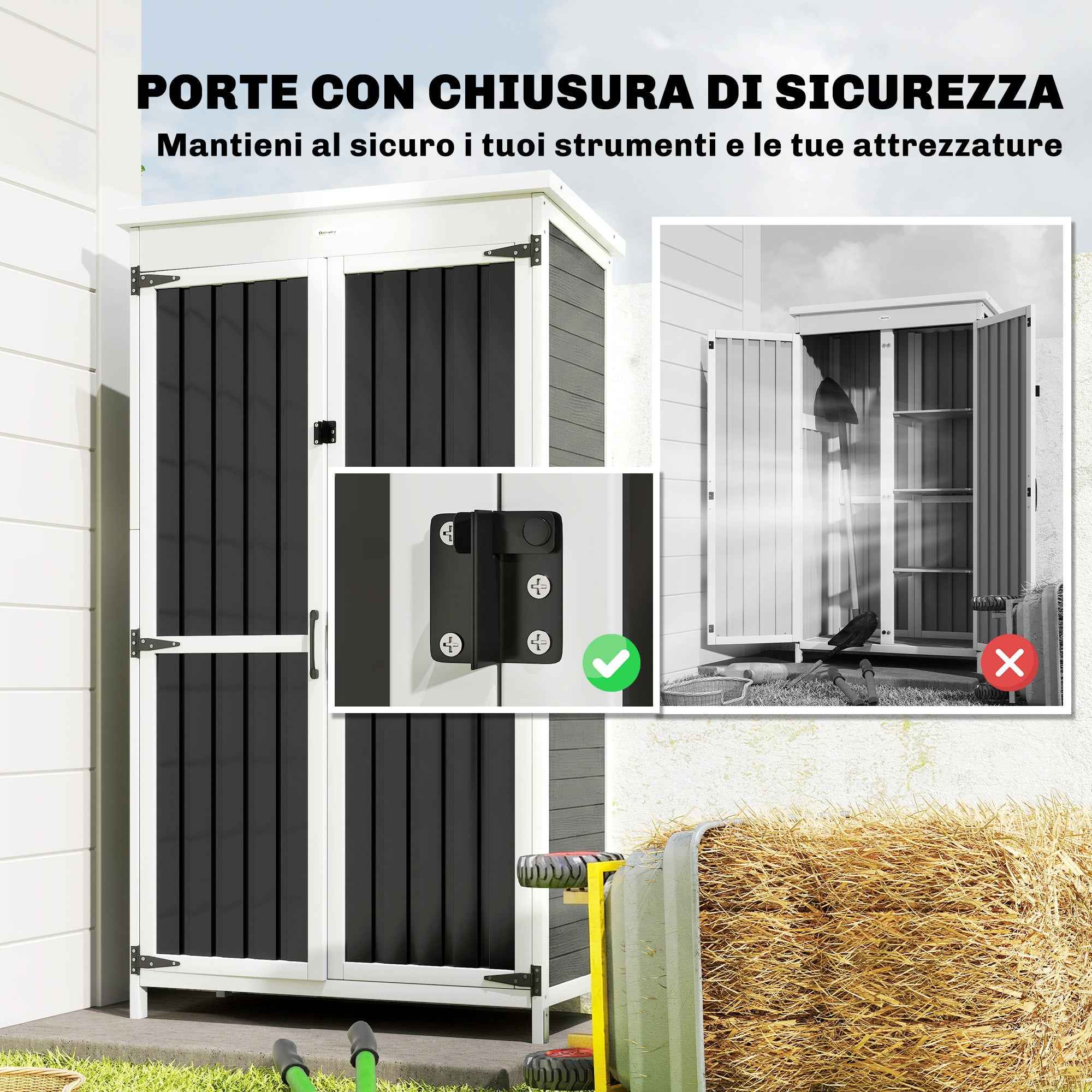 Outsunny Garden Cabinet with Removable Shelves and Lockable Door, Wood and Steel, 94x43x166 cm, White and Black