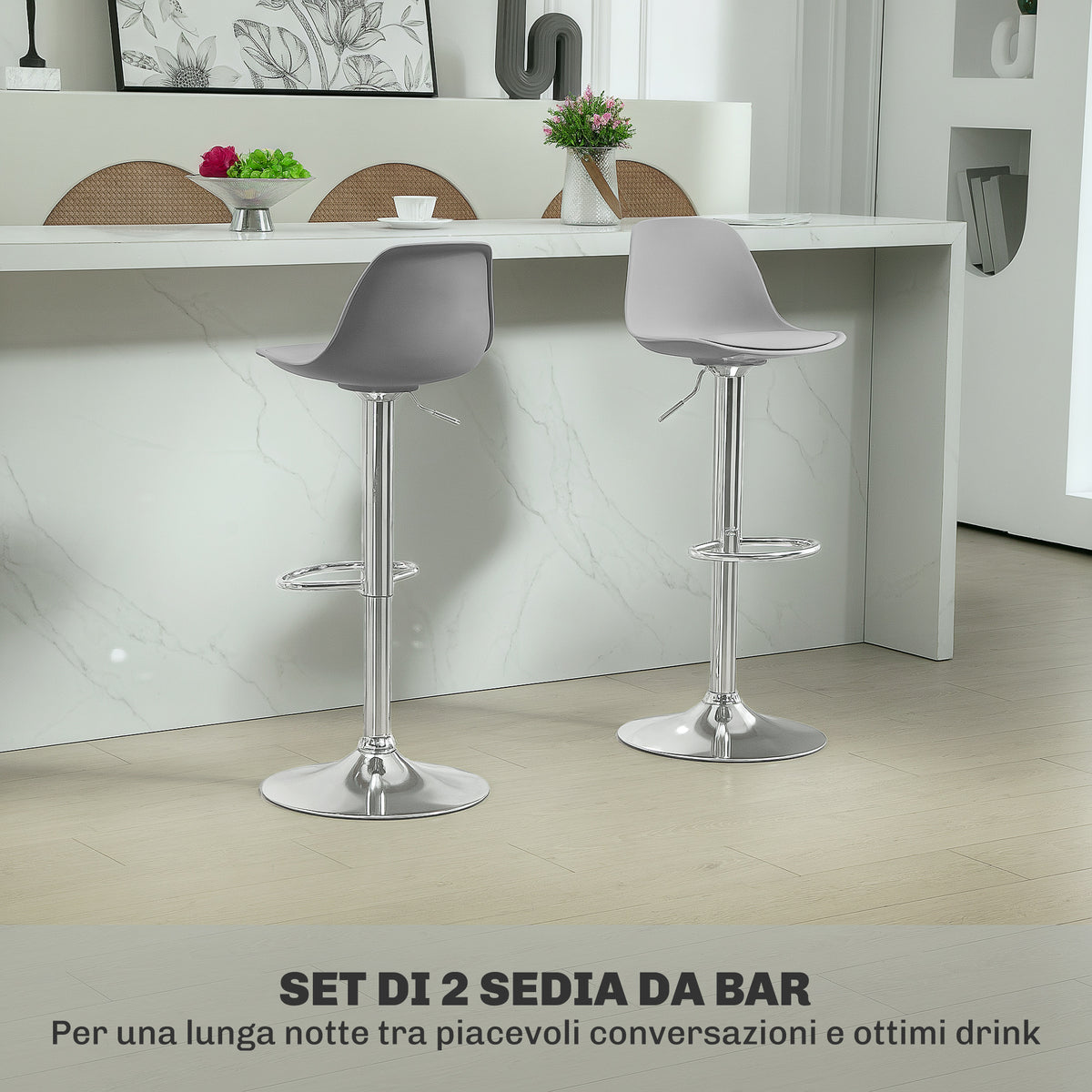 HOMCOM Set of 2 Bar Stools with Backrest and Footrest, in PP, PU Leather and Steel, 38x42x82-104 cm, Grey