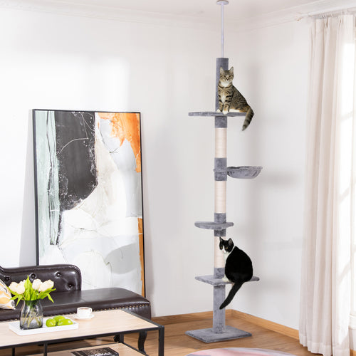 4-Tier Scratching Tree with Adjustable Height, in Chipboard, Plush and Sisal, 40x34x230-260 cm, Gray - Borgè