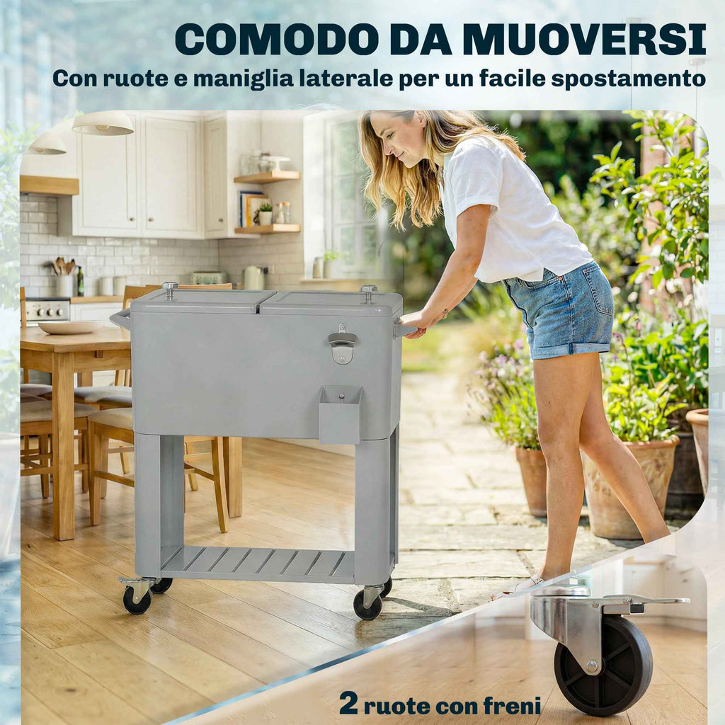 Outsunny Portable Fridge 76 L with Wheels and Bottle Opener, 92 x 39 x 81 cm, Silver