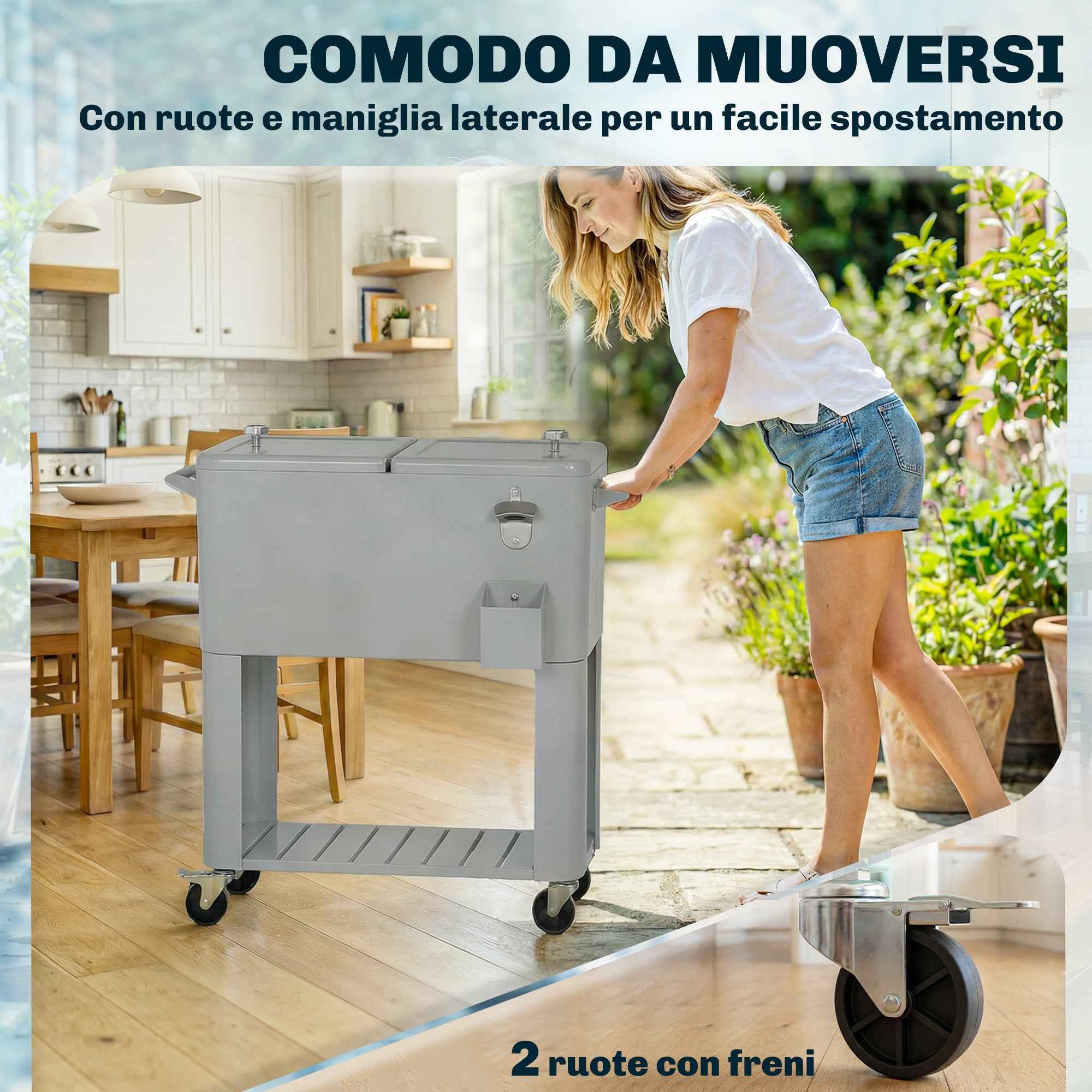 Outsunny Portable Fridge 76 L with Wheels and Bottle Opener, 92 x 39 x 81 cm, Silver