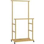 Bamboo Clothes Rail with 2 Rails, Lower Shelf and 4 Wheels, 80x40x160 cm, Natural Wood