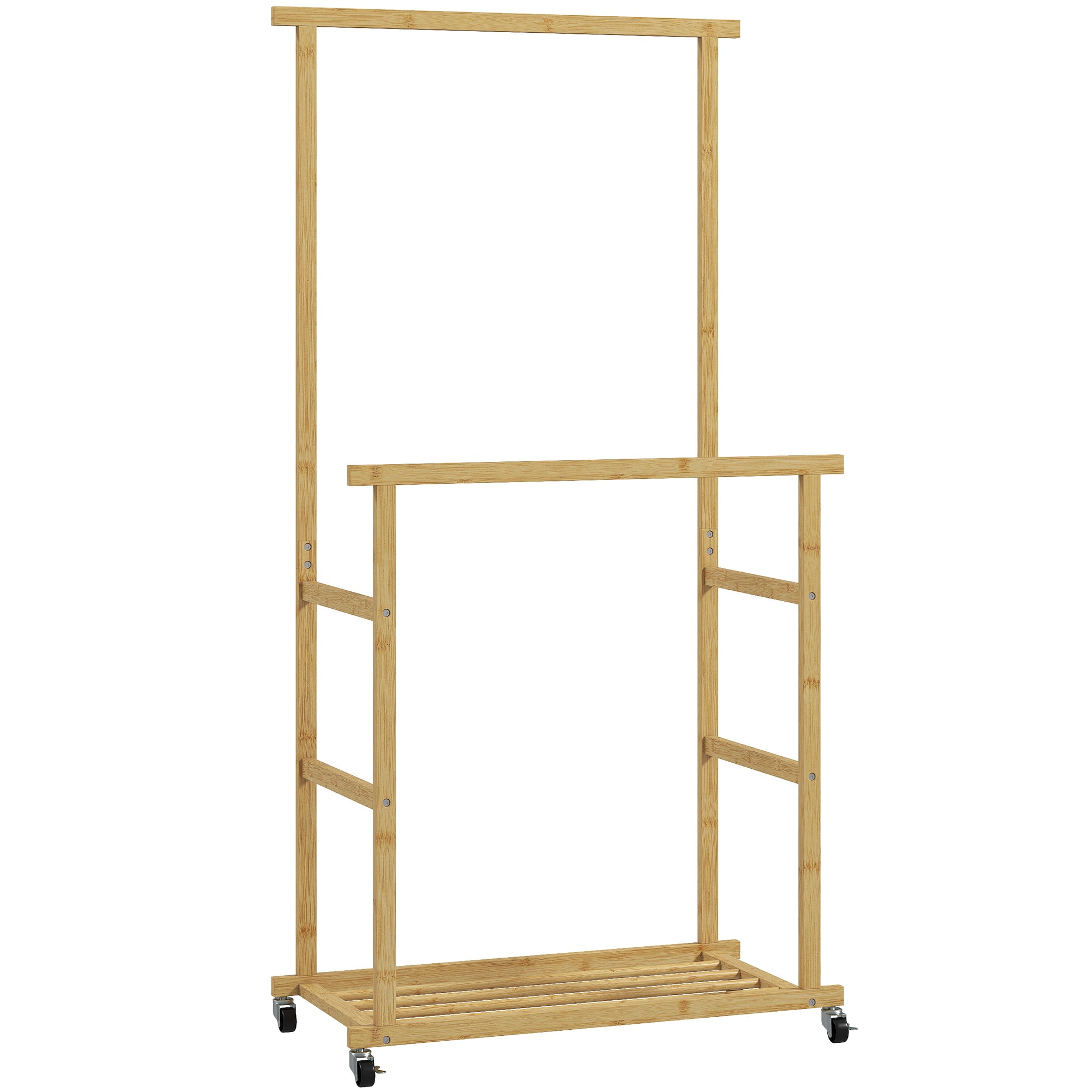 Bamboo Clothes Rail with 2 Rails, Lower Shelf and 4 Wheels, 80x40x160 cm, Natural Wood