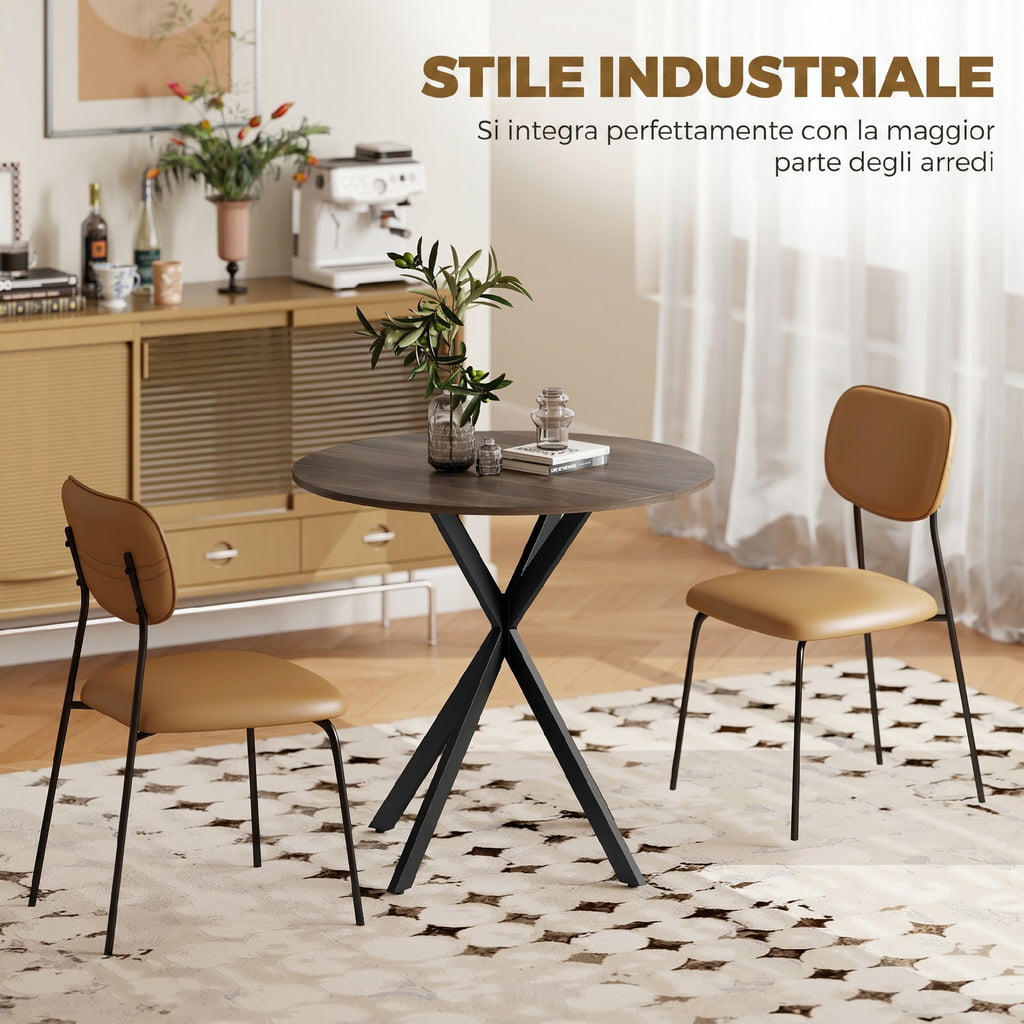 HOMCOM Industrial Style Round Dining Table with Steel Cross Legs, Ø80x75 cm, Brown