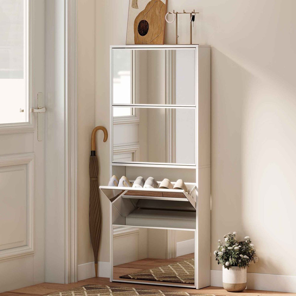 HOMCOM 4-Door Mirrored Shoe Rack, Anti-Tip, Wooden, 63x17x146 cm, White