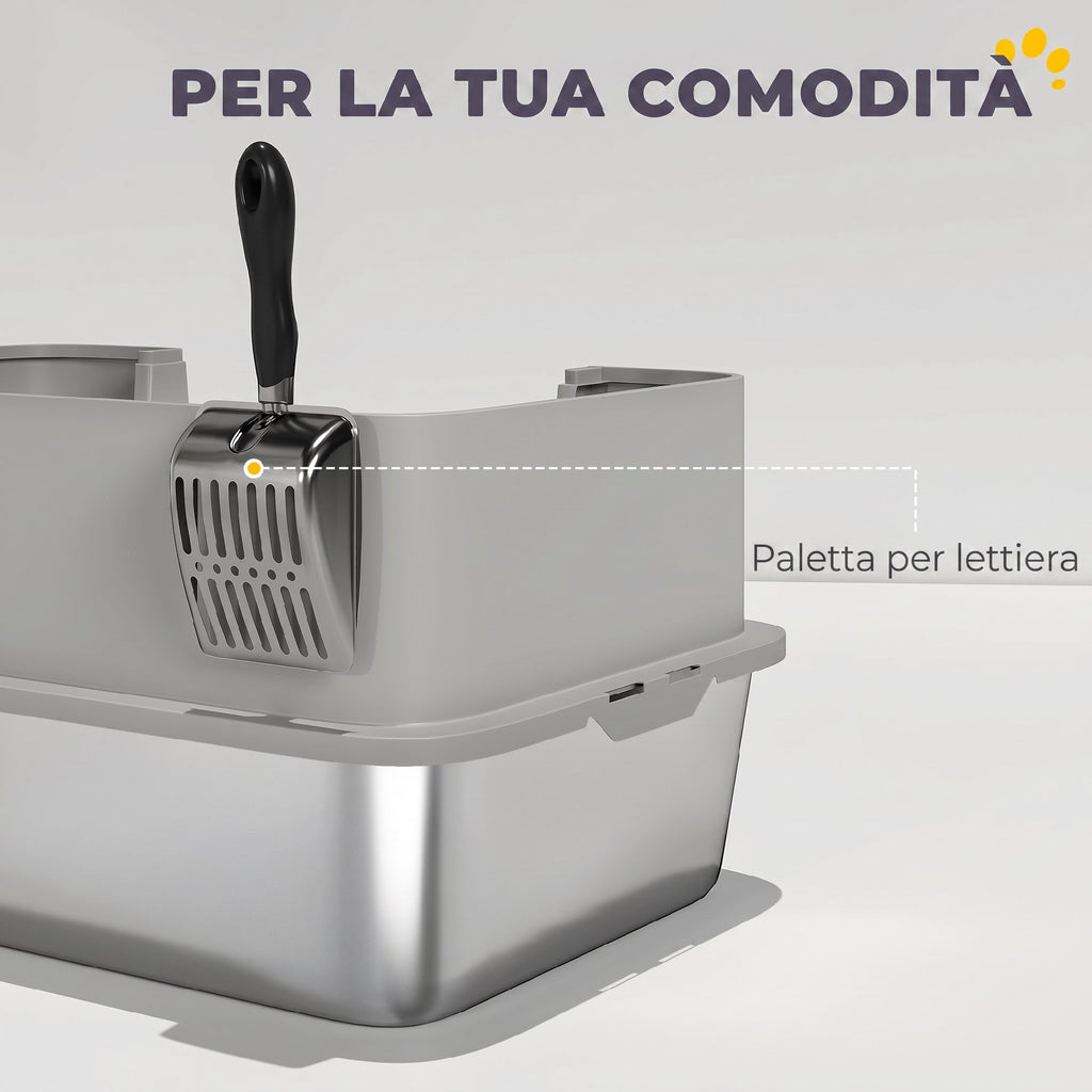 PawHut XL Stainless Steel Cat Litter Box with Scoop, High Sides, Leak-Proof, Odor-Resistant, Up to 7 kg, Grey
