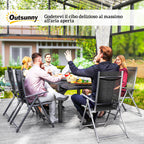 7 Piece Garden Set with 6 Folding Chairs and Extendable Table, in Steel, Aluminum and Mesh Grey and Black