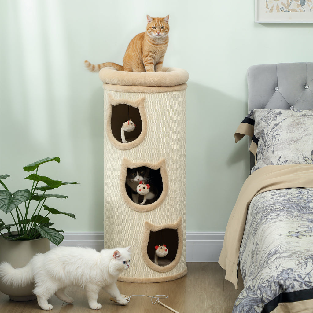 Cat Scratching Tower, 96 cm High, with 3 Cat Houses and a Removable and Washable Upper Bed, Cream