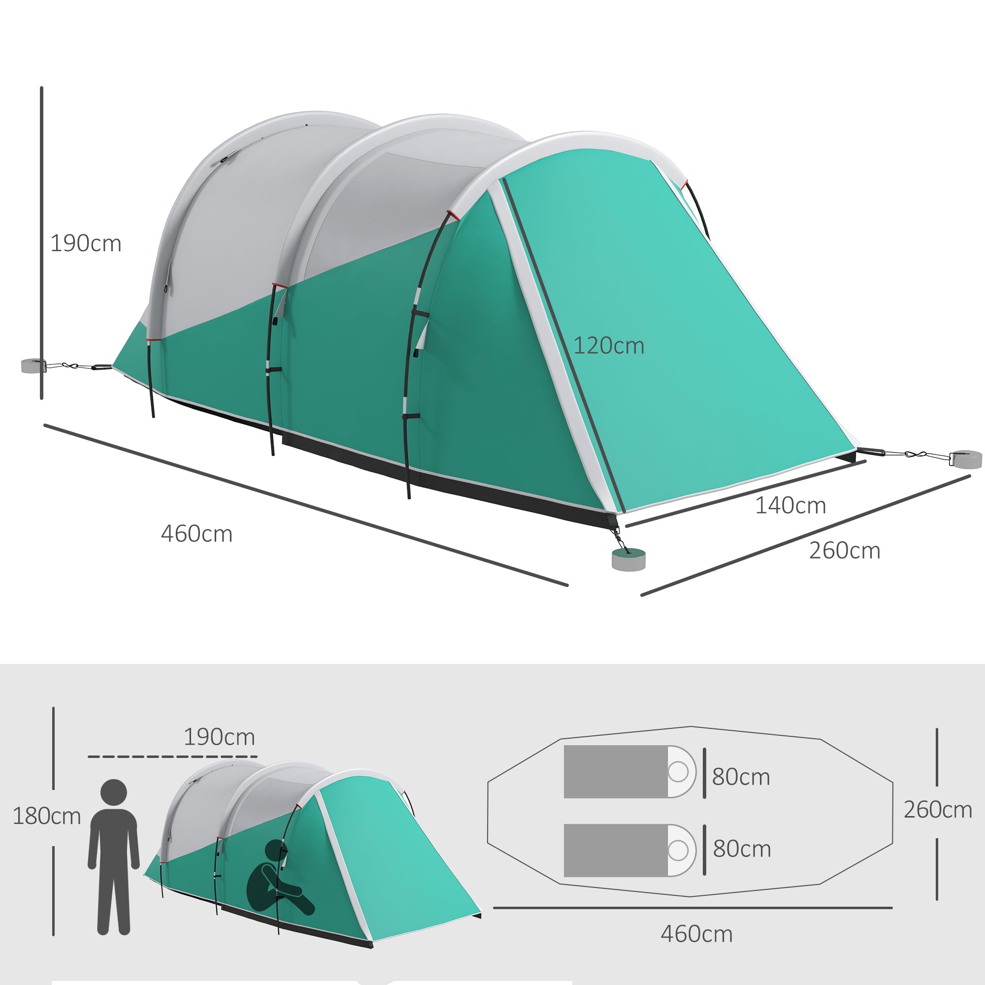 2-4 Person Waterproof Tunnel Tent with Carry Bag, 460x260x190 cm, Green