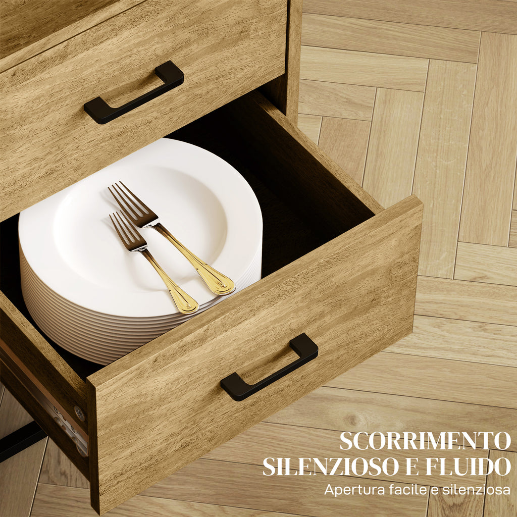 Modern Sideboard with 2 Drawers, Adjustable Cabinet and Open Shelf, in Wood and Steel, 80x40x78 cm, Brown