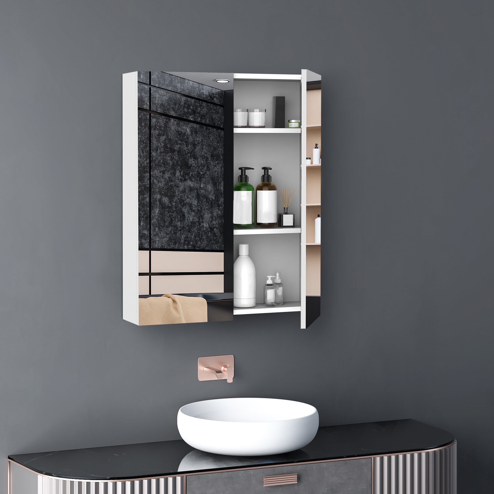 Bathroom Cabinet with 2 Doors and Mirror in White MDF 60 x 75 x 15cm