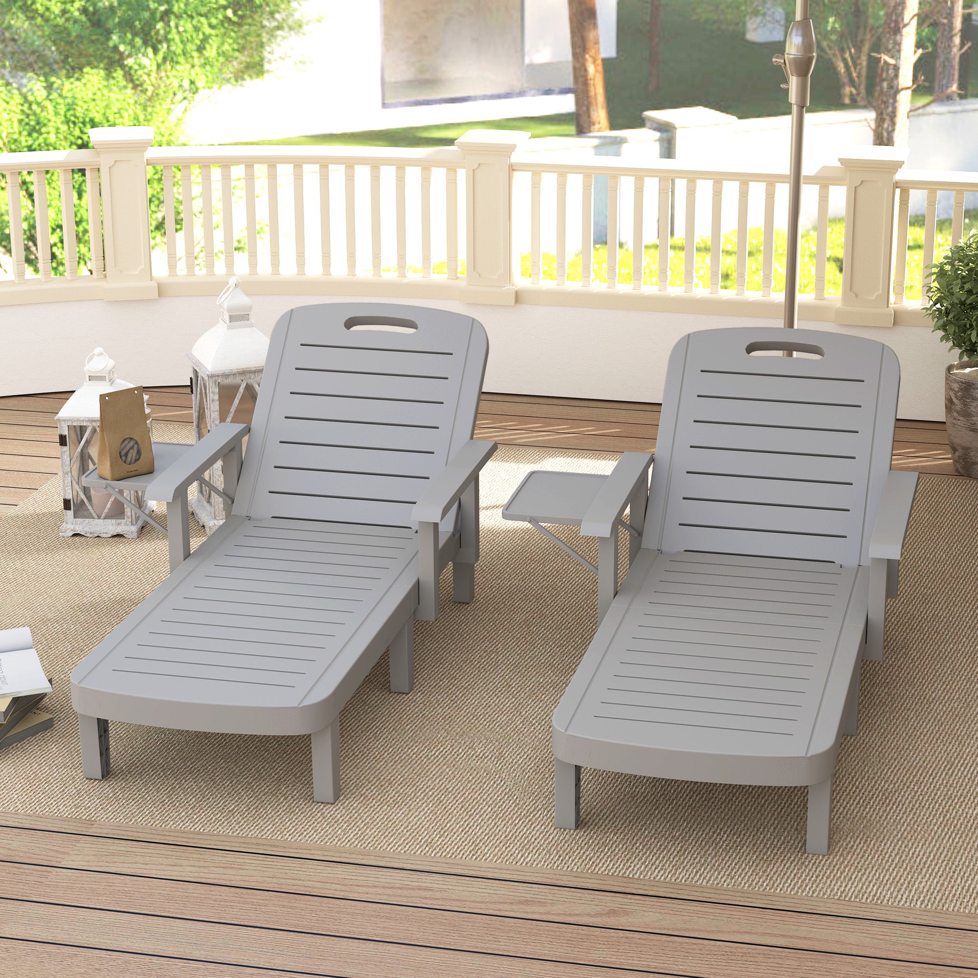 Set of 2 Adjustable Garden Deck Chairs with Table and Armrests, in Polypropylene, 79x158x88 cm, Light Grey
