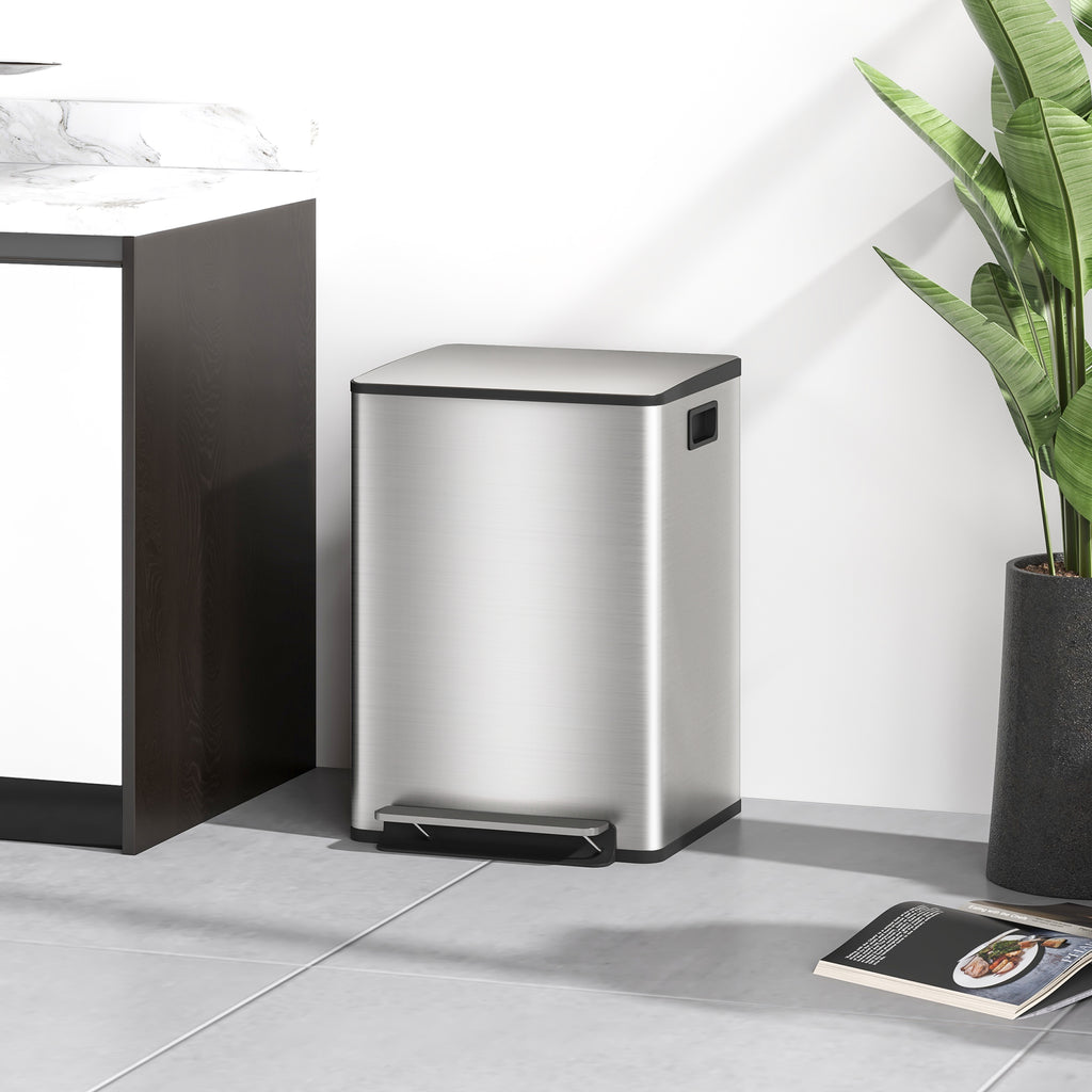 Dustbin 20L 2-Section Pedal Waste Bin with Silent Lid, in Stainless Steel and PP, 41.8x36.7x58 cm
