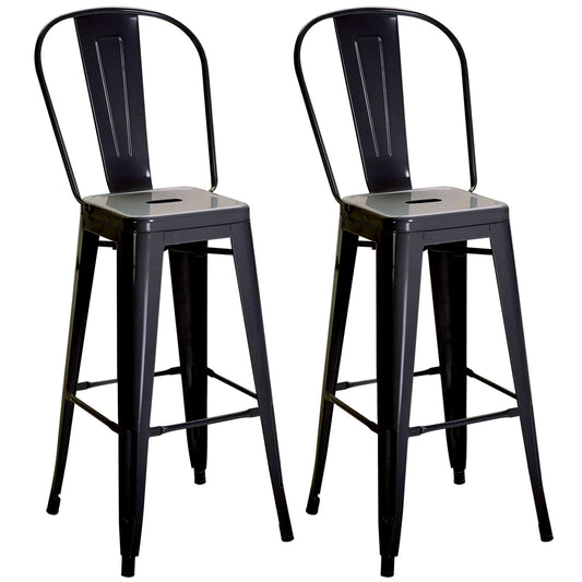 Set of 2 Industrial Bar Stools with Removable Backrest and Footrest, in Metal, 44x49x116 cm, Black