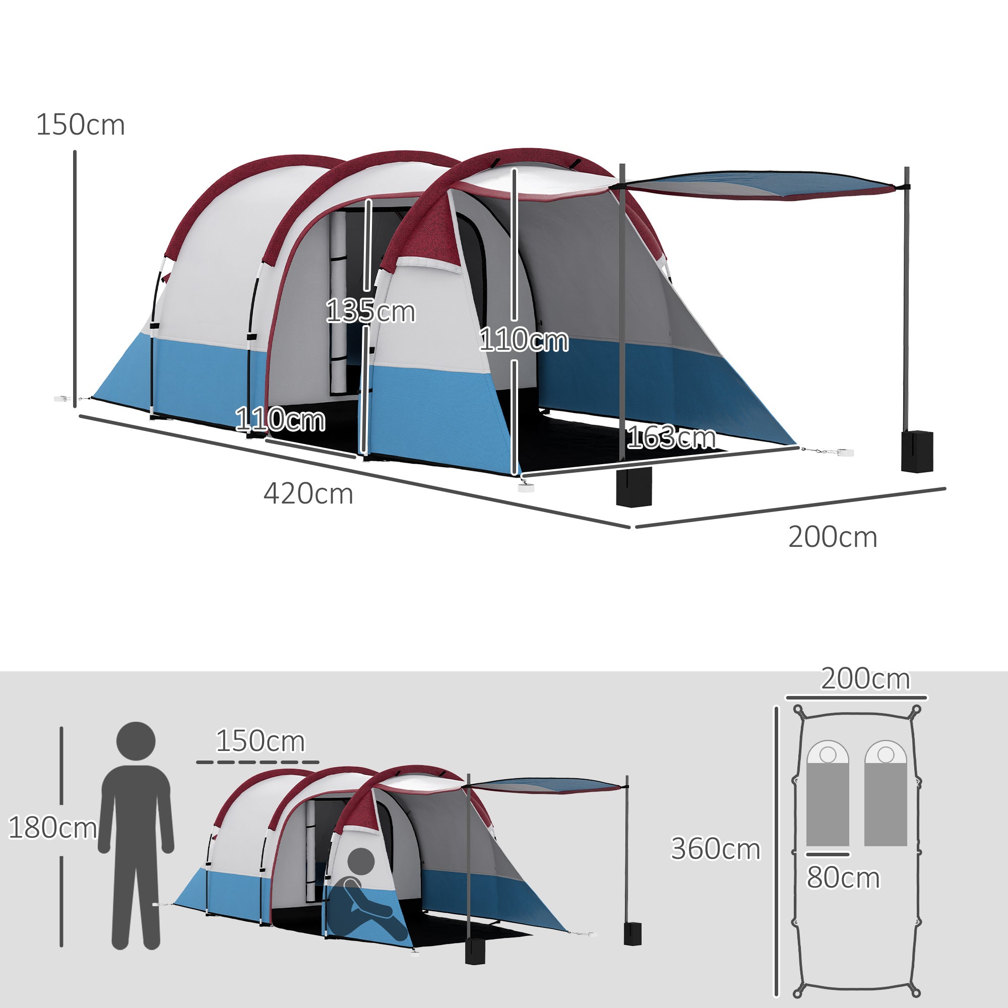 Outsunny Waterproof Camping Tent with 2 Areas and 3 Entrances, in Polyester and Fiberglass, 420x200x150 cm, Red - Borgè