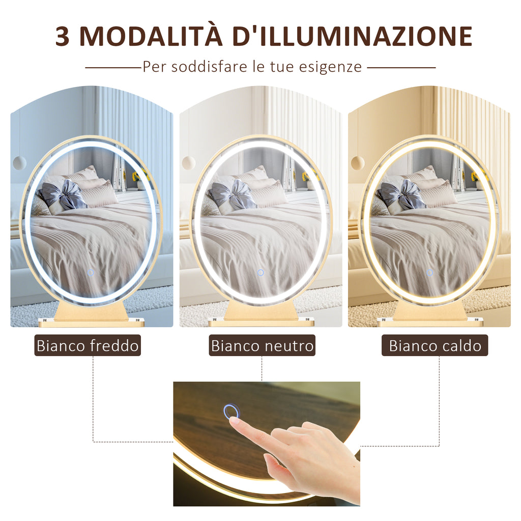 Industrial-Style LED-Lighted Dressing Table with Mirror, Makeup Table with Stool, Touch Switch Vanity, White