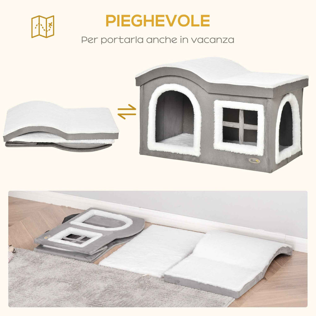 Pawhut Indoor Cat House with 2 Entrances, Window and Non-Slip Base, 63.5x37x40 cm, Grey