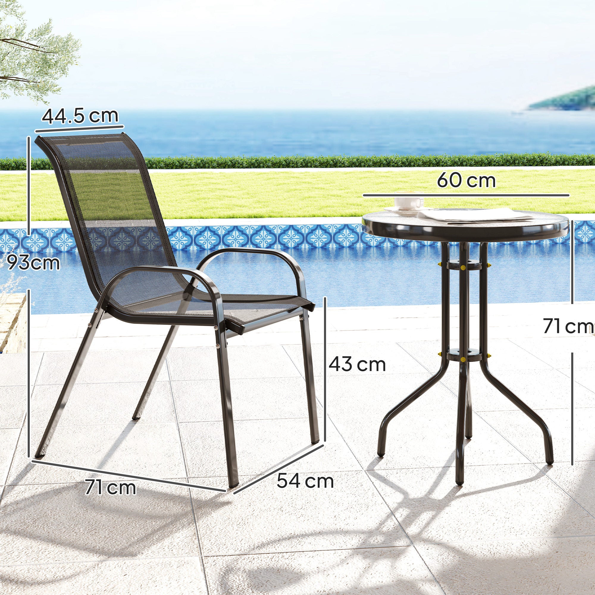3 Piece Garden Set with 2 Garden Chairs 54x71x93 cm and Round Table Ø60x71 cm in Black Steel