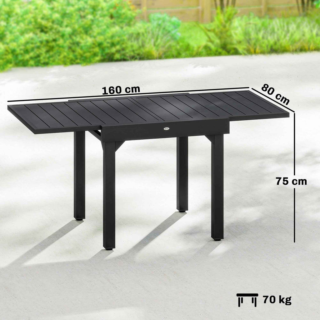 Outsunny Extendable Slatted Garden Table for 4-6 People, Made of Aluminum and Steel, 80/160x80 cm, Black