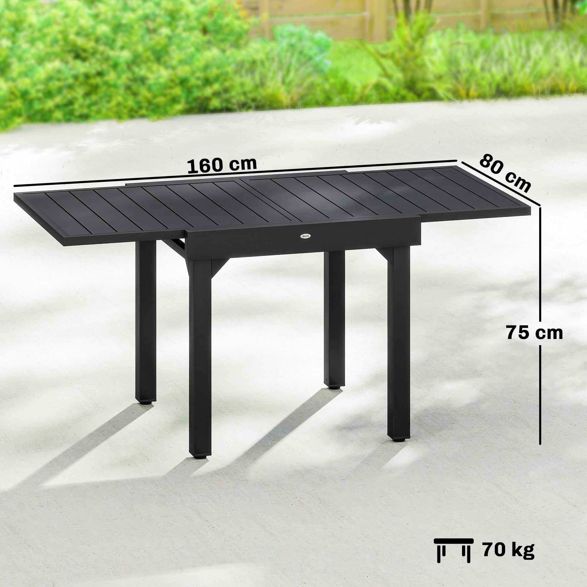 Outsunny Extendable Slatted Garden Table for 4-6 People, Made of Aluminum and Steel, 80/160x80 cm, Black