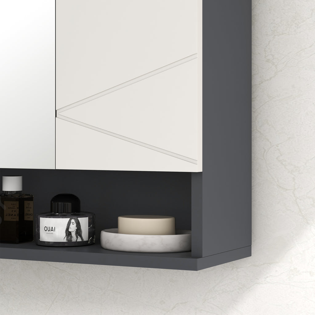 kleankin Cabinet with 2-Door Bathroom Mirror and Adjustable Wooden Shelves, 55x17x55cm, Gray - Borgè