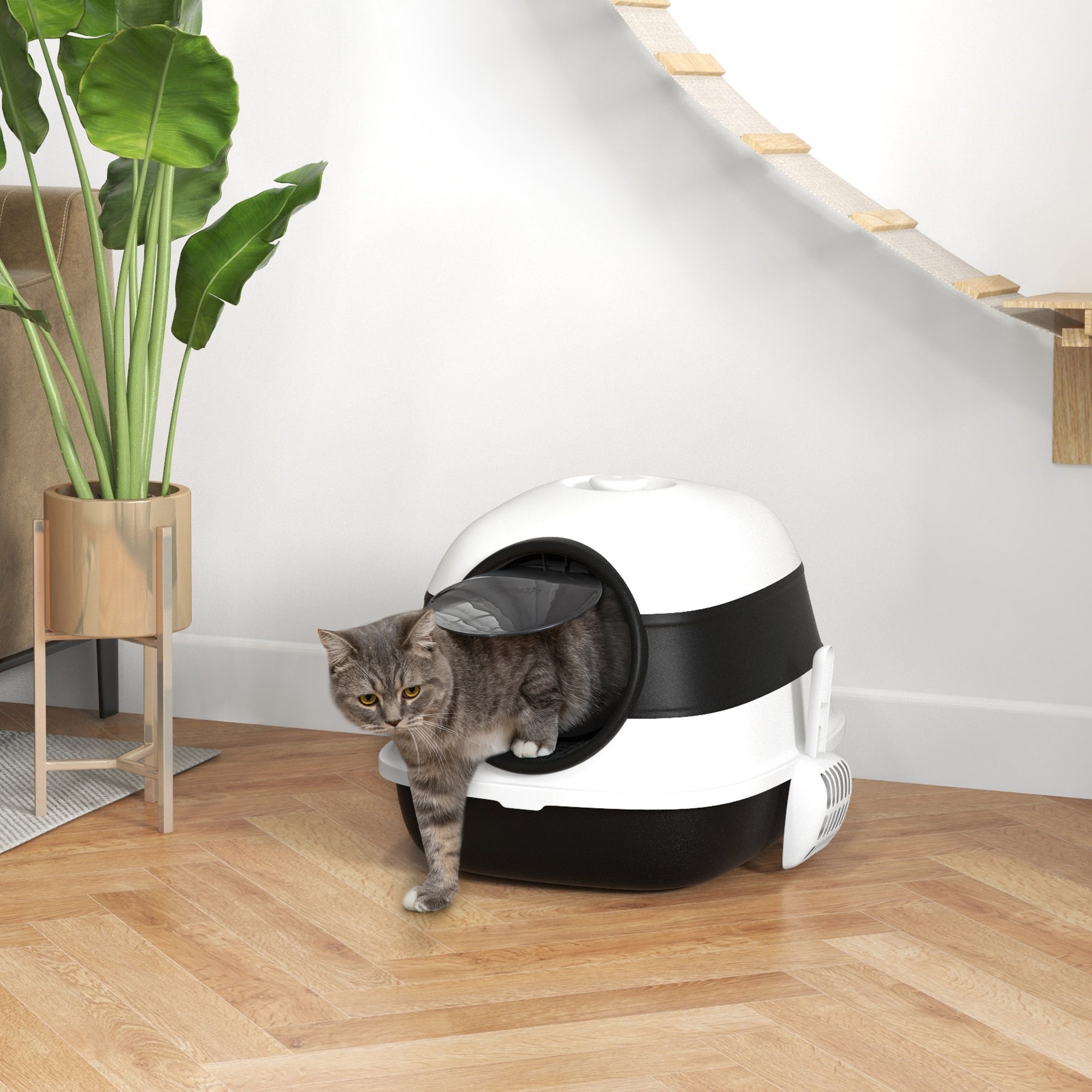 Cat Litter Box with Lid, Scoop and Deodorizer, Foldable Design, 52x41x38 cm, White and Black