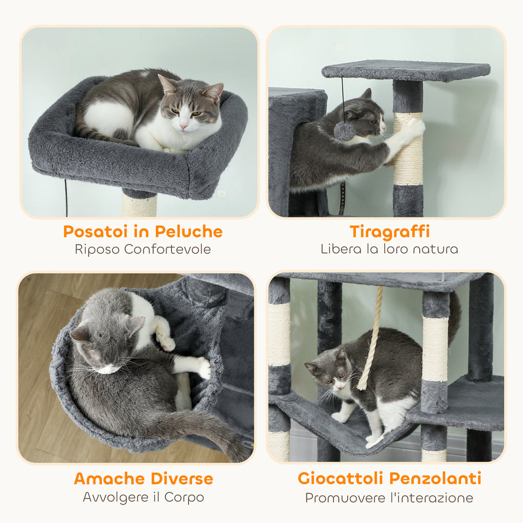 Cat Tree, 202 cm Tall, with 6 Sisal Posts, 2 Houses, 2 Hammocks and a Bed, Grey