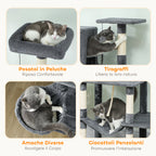 Cat Tree, 202 cm Tall, with 6 Sisal Posts, 2 Houses, 2 Hammocks and a Bed, Grey
