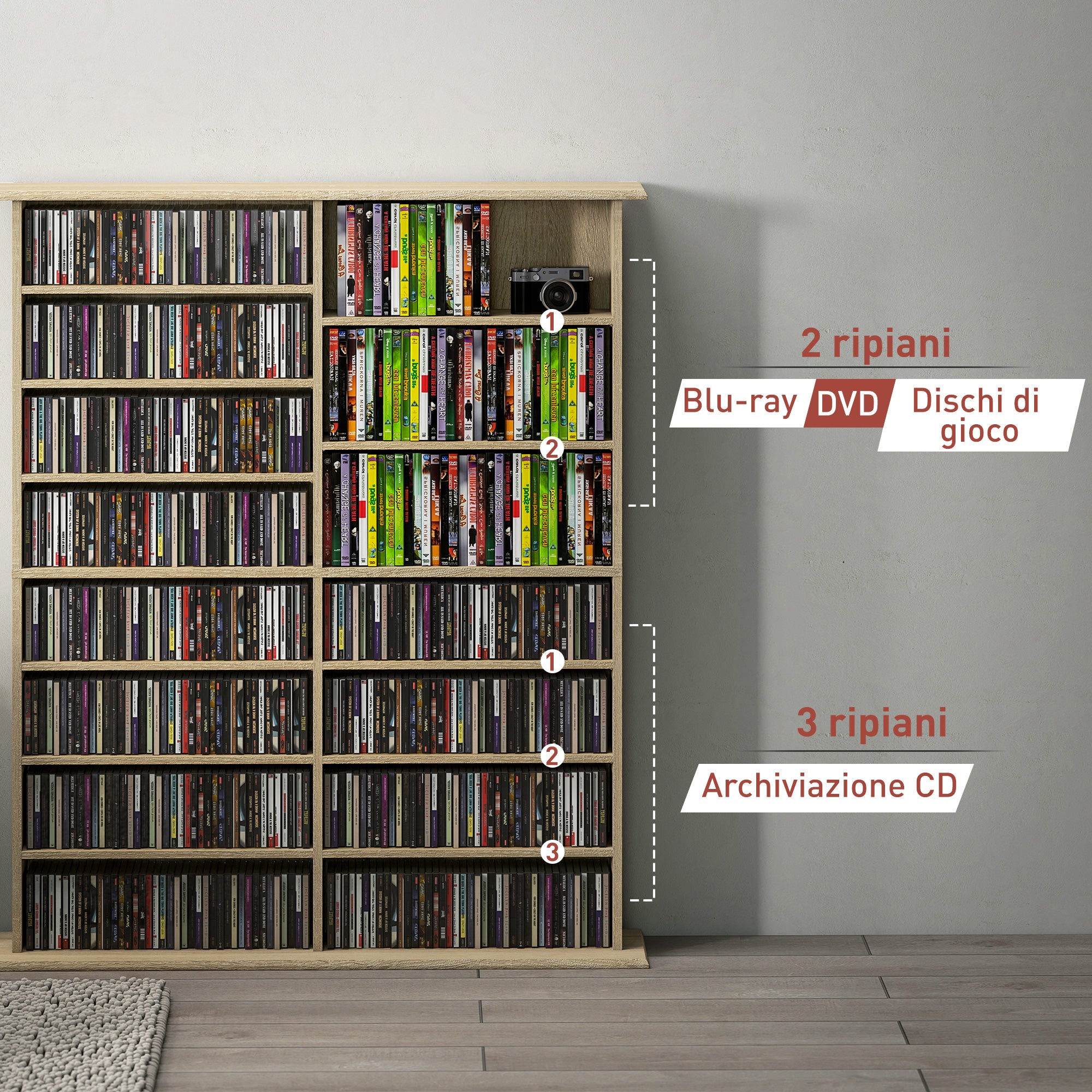 HOMCOM 16-Tier Modern Design Wooden CD Bookcase, 106.5x24x126.3 cm, Natural