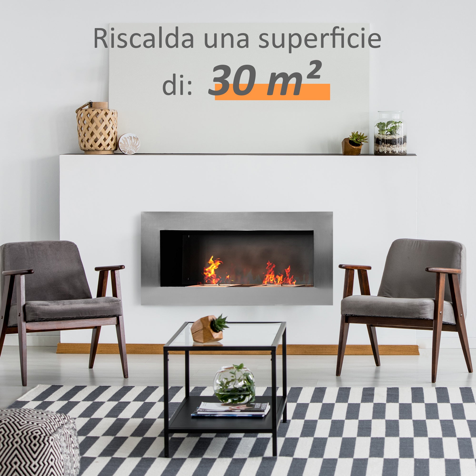 Wall-Mounted Bioethanol Fireplace Made of Stainless Steel with 2 Burners 0.9LT 110 x 54 x 14cm