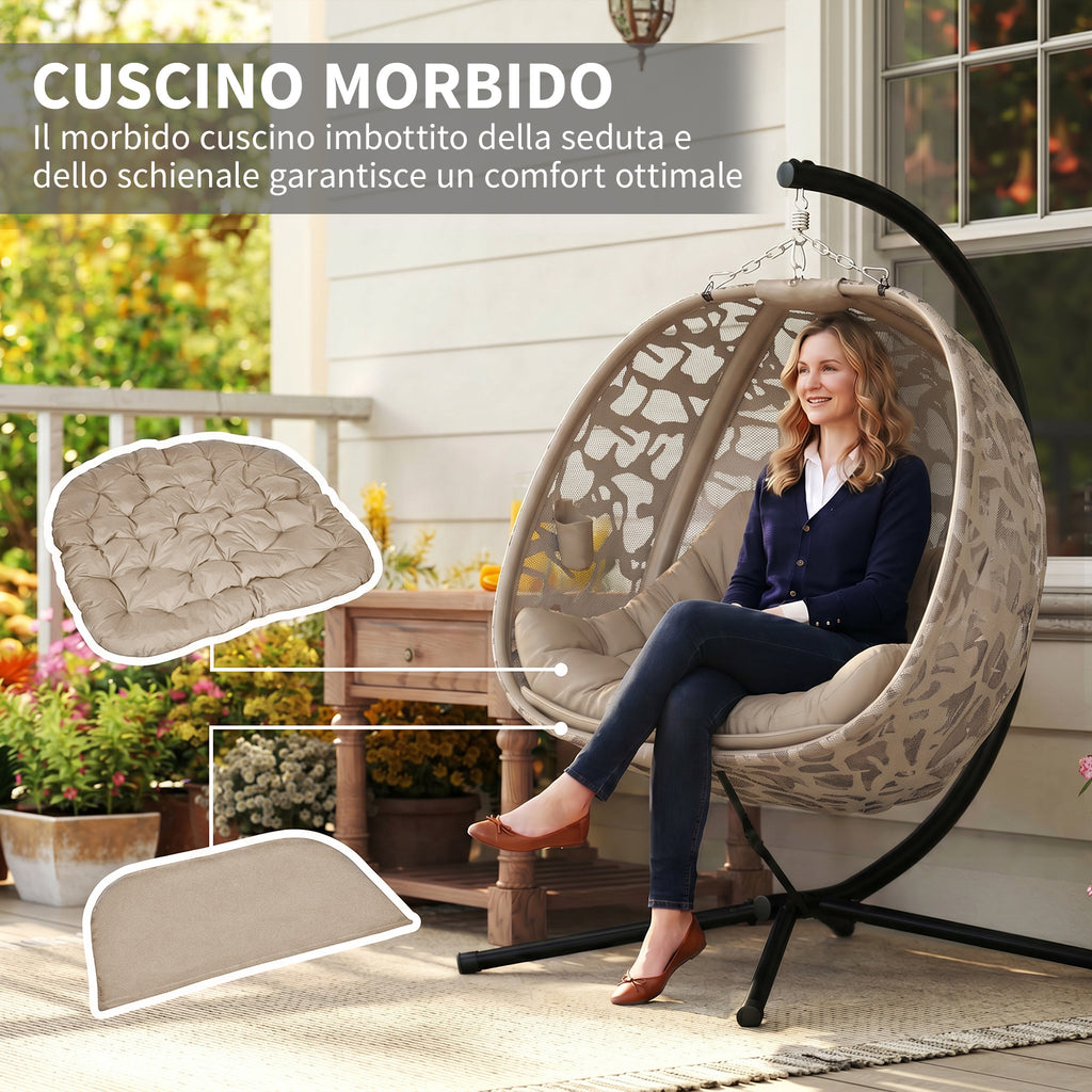 Outsunny 2-Seater Hanging Chair with 2 Pockets, 2 Cushions and Folding Basket, 126x126x176 cm