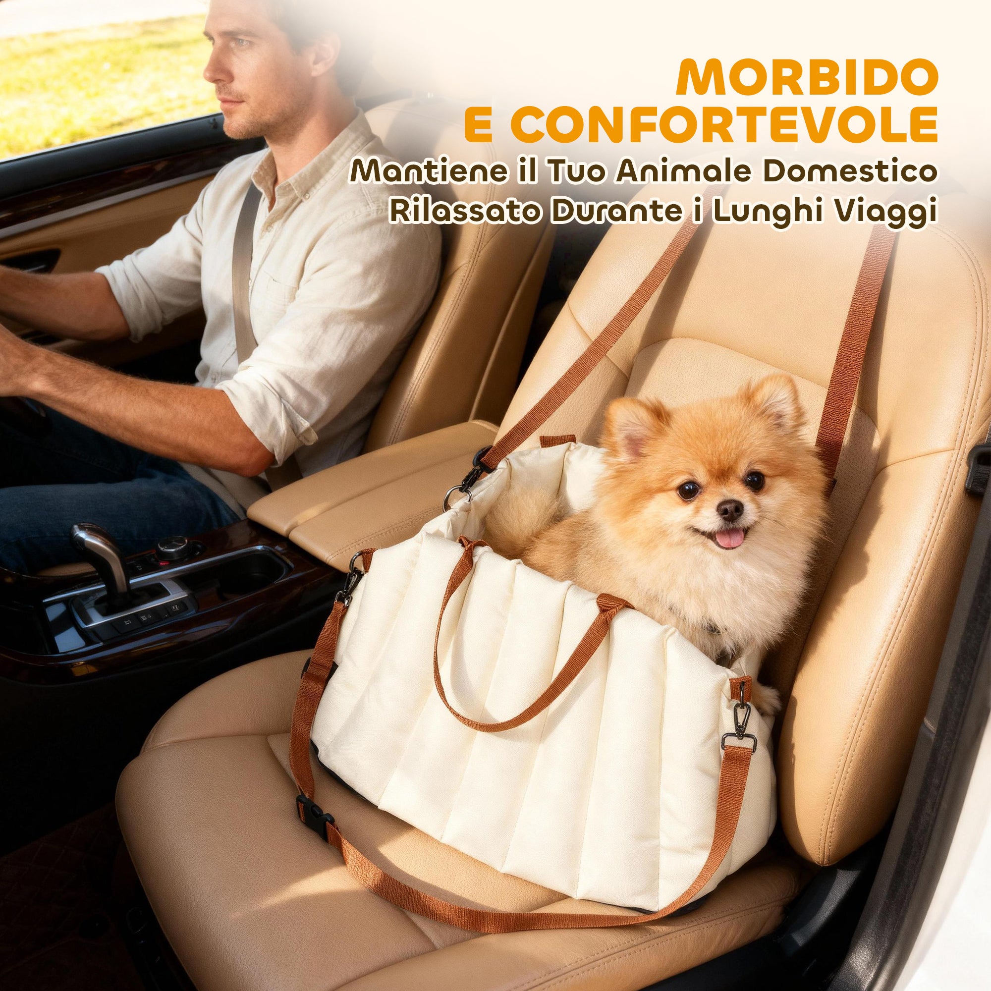 Small Dog Car Seat with Leash and Non-Slip Base, Convertible to Pet Carrier, Cream