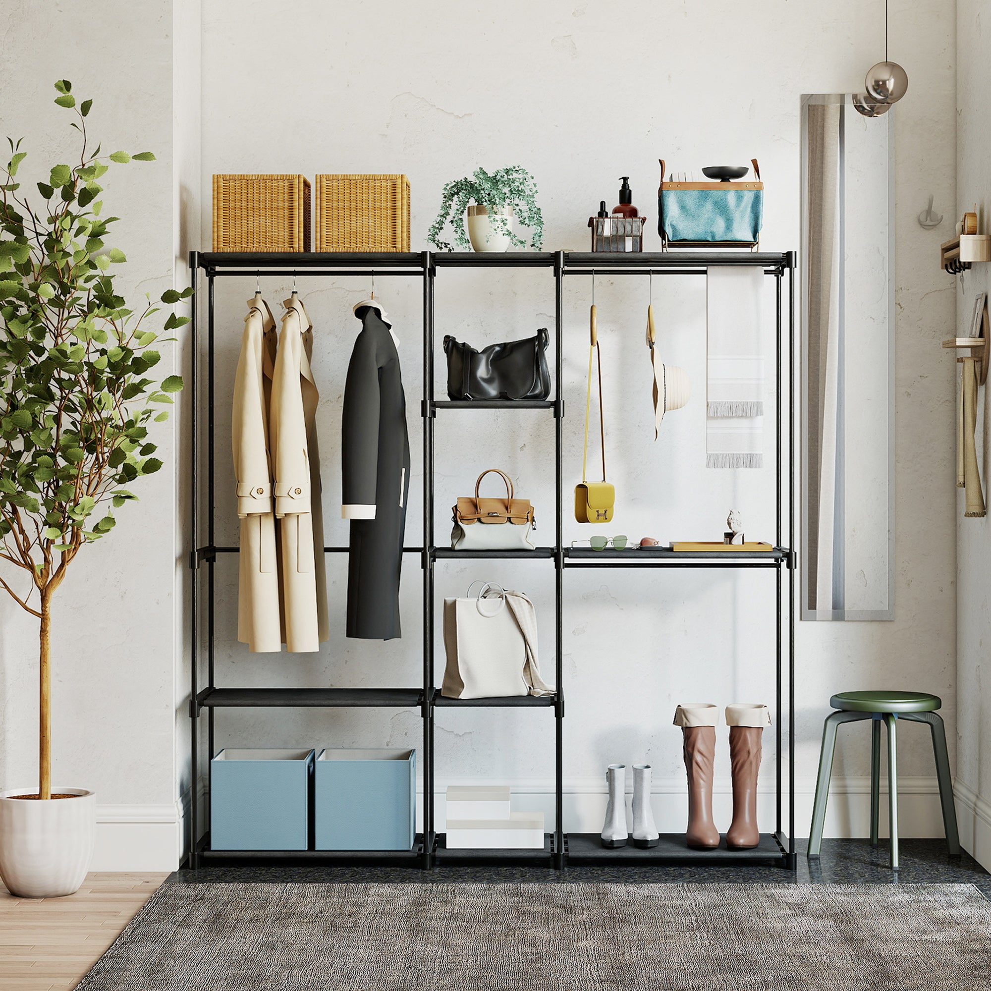 Fabric Wardrobe with 8 Shelves and 3 Hanging Rods, 182x43x185 cm, Black