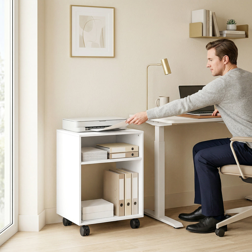 HOMCOM Wooden Printer Stand with Braked Wheels and 2 Open Compartments, 40x35x55 cm, for Office Study, White