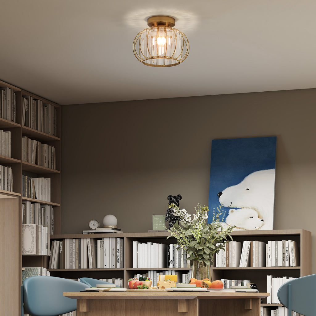 Modern and Minimal LED Cage Ceiling Light with 18 Crystals, Gold Metal, Ø27x19 cm