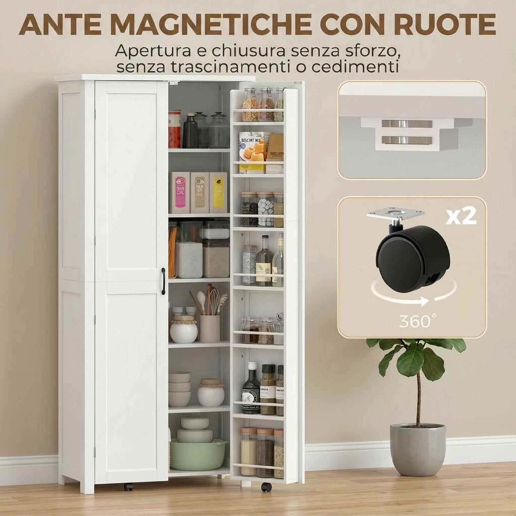 HOMCOM Tall Kitchen Cabinet with Wheels, 2 Doors, 14 Compartments, 80x40x180 cm, White