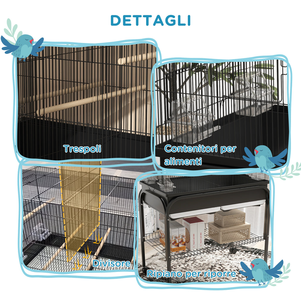 PawHut Indoor Bird Cage with Tray, Shelf and Wheels with Brakes, 85x49x119 cm, Black
