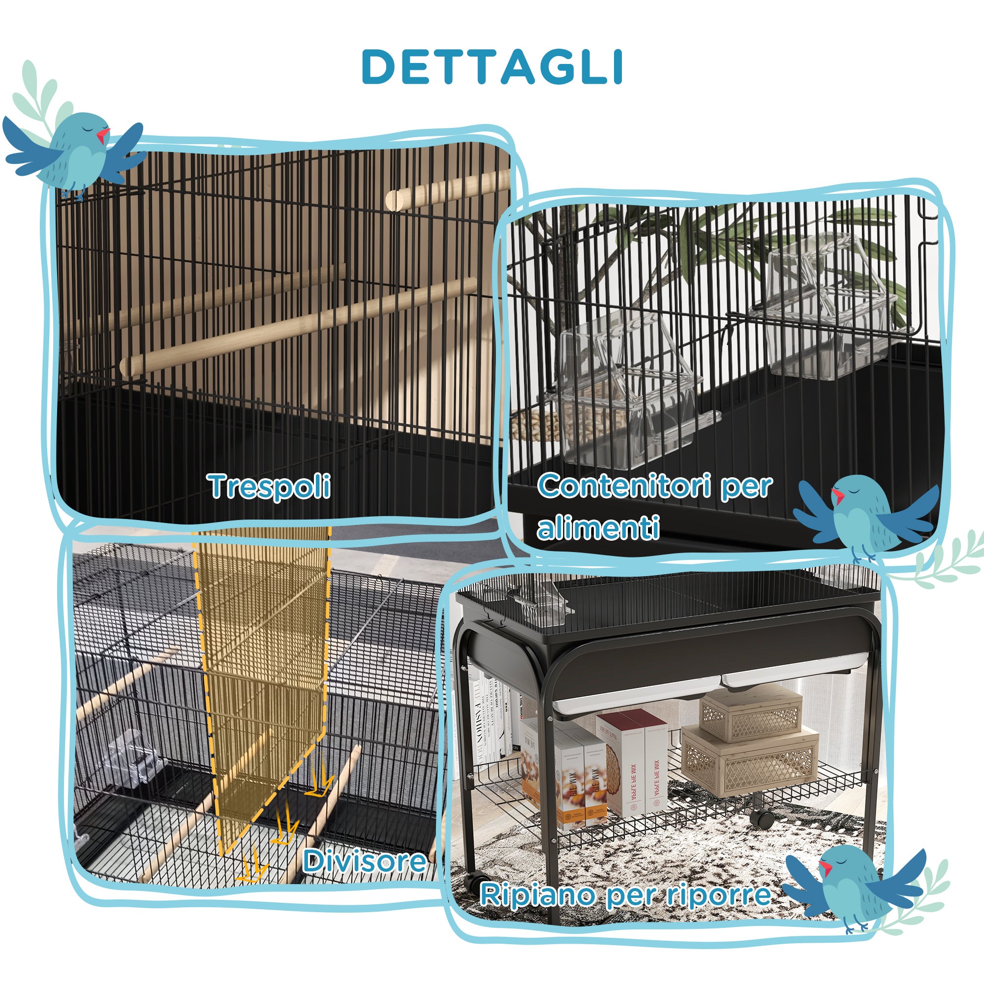 PawHut Indoor Bird Cage with Tray, Shelf and Wheels with Brakes, 85x49x119 cm, Black
