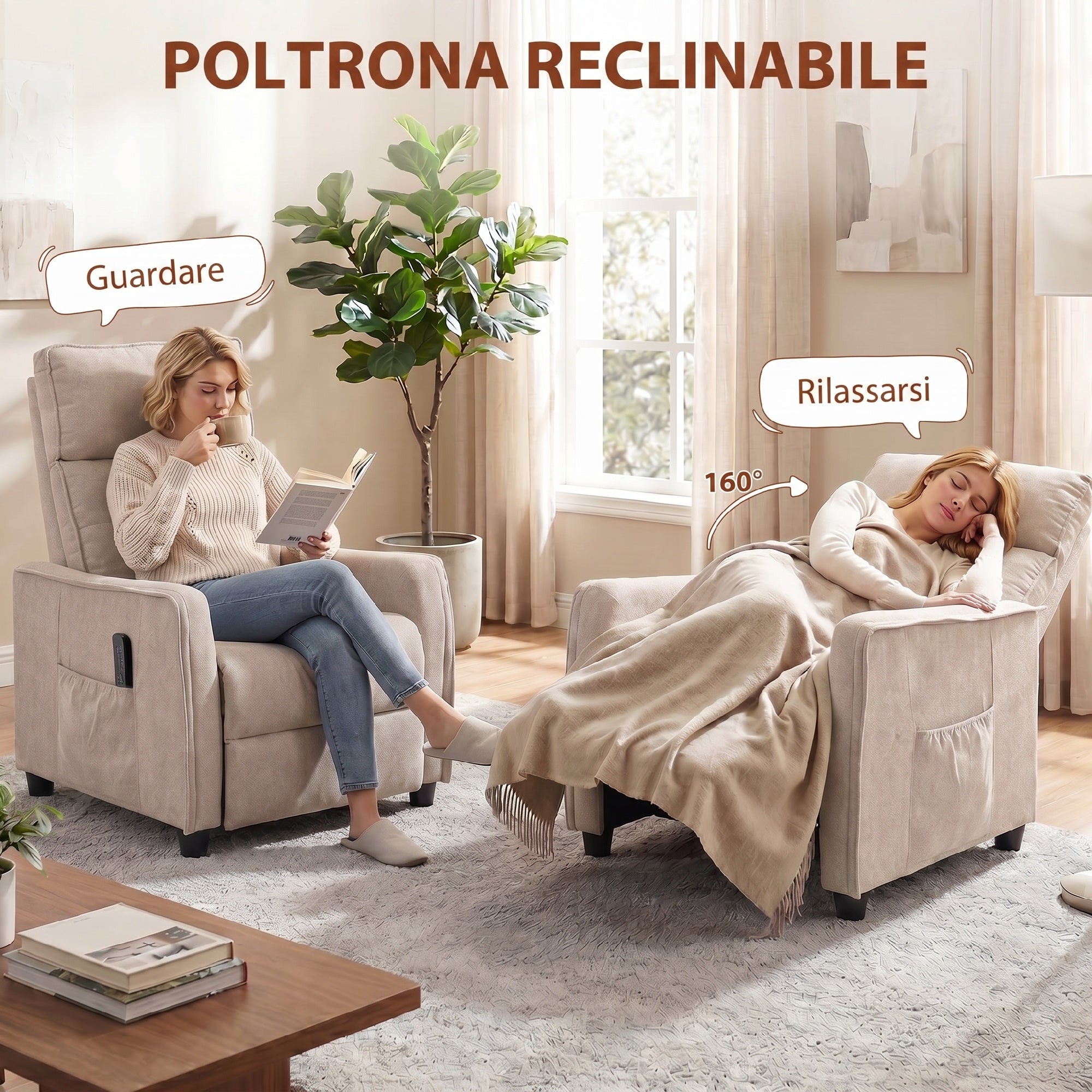 HOMCOM 160° Reclining Massage Chair with Footrest and Remote Control, 69x93x104 cm, Cream White Linen Effect