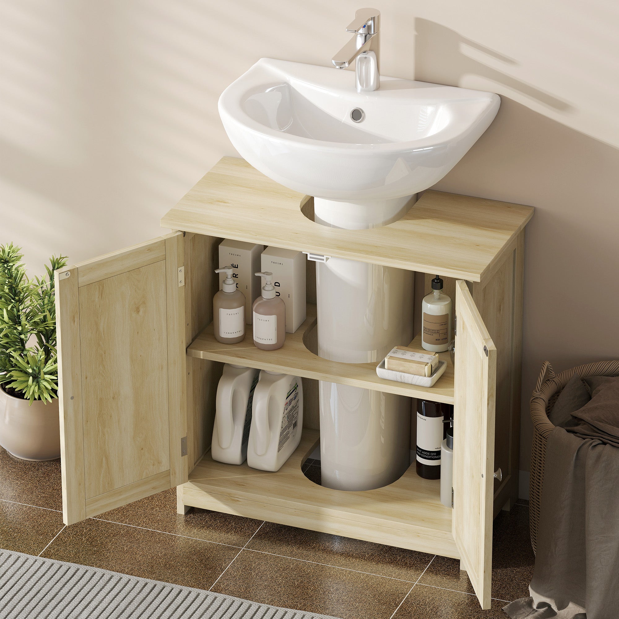kleankin 2-Door Vanity Unit with Adjustable Shelf and U-Shaped Cutout, 60x30x60 cm, Oak