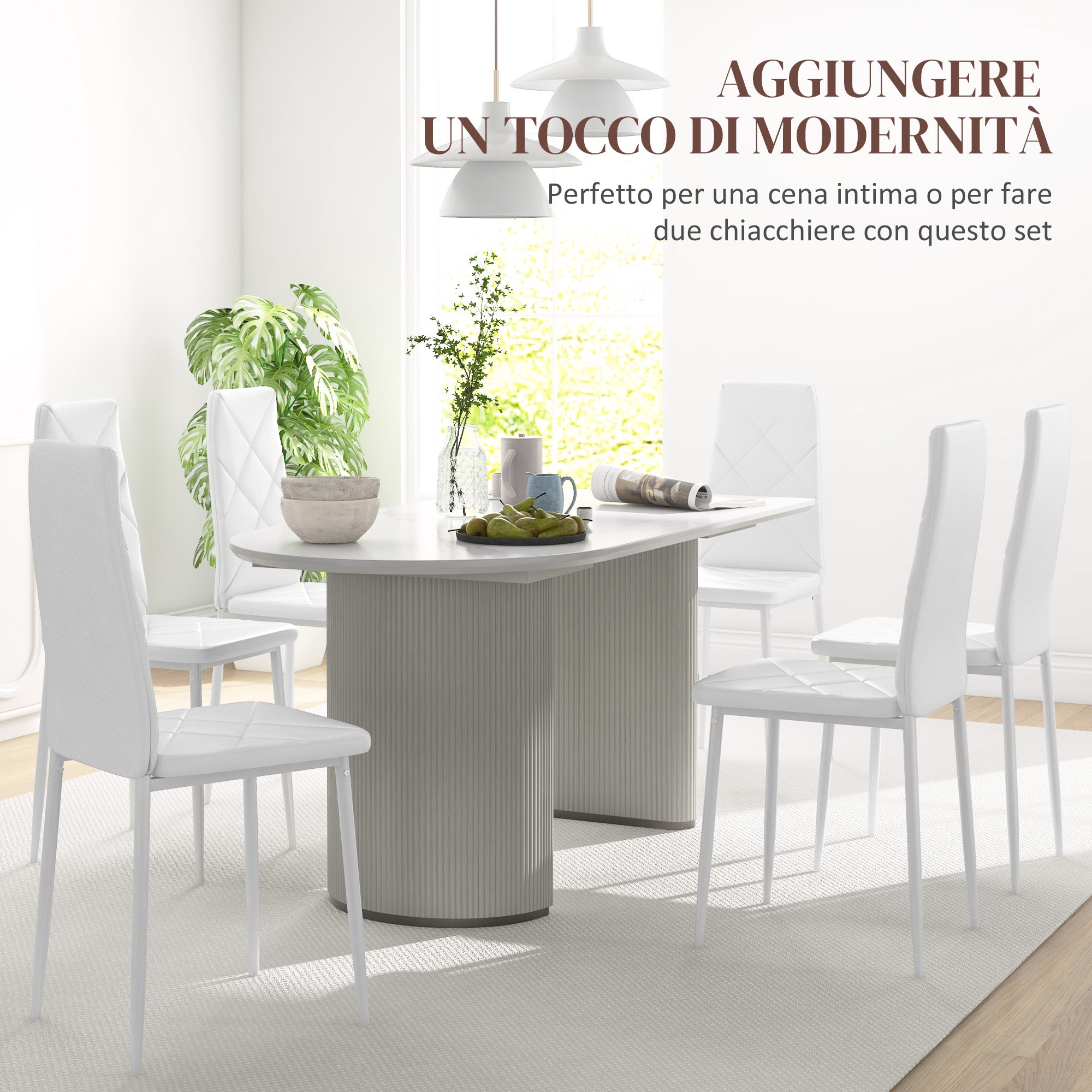 Set of 6 Modern High Back Dining Chairs in Faux Leather and Steel, 41x50x97 cm, White