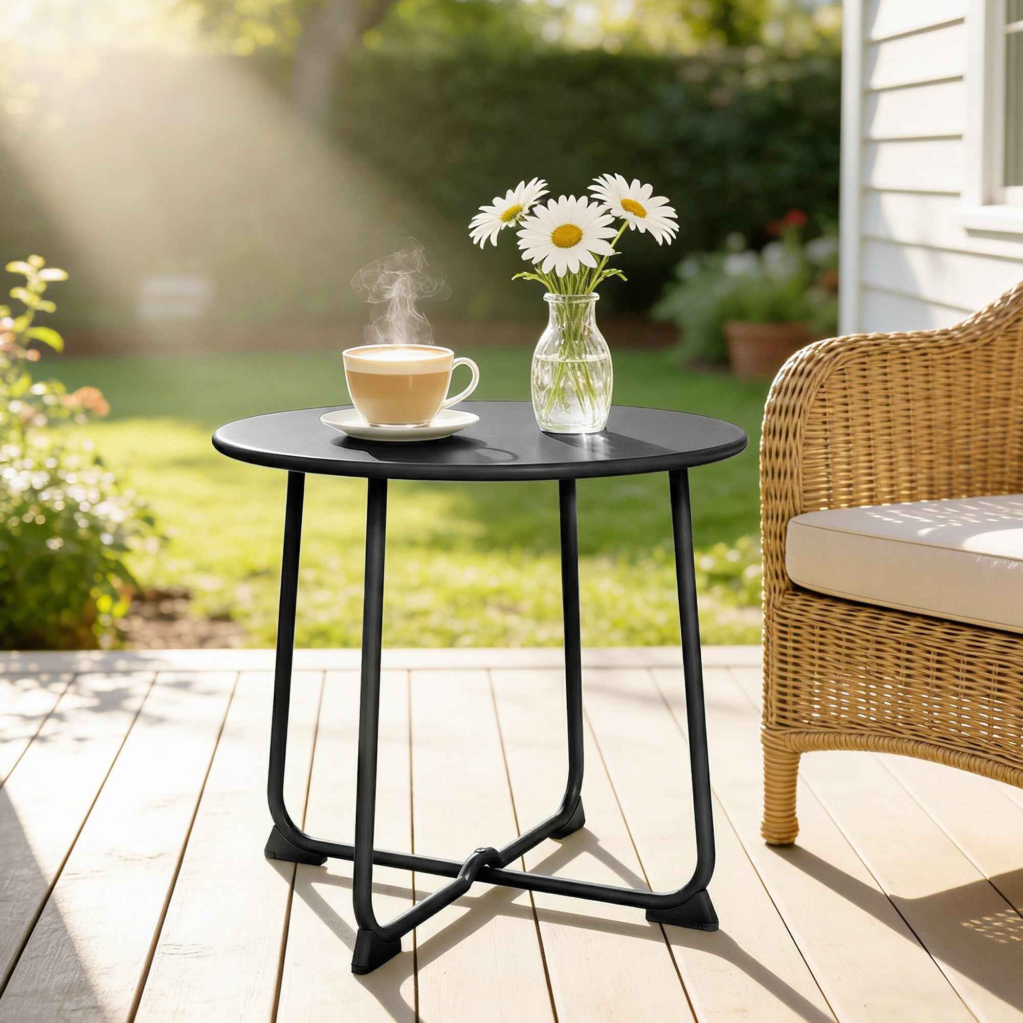 Outsunny 50cm Round Outdoor Metal Coffee Table with X-Base and Non-Slip Feet, Black