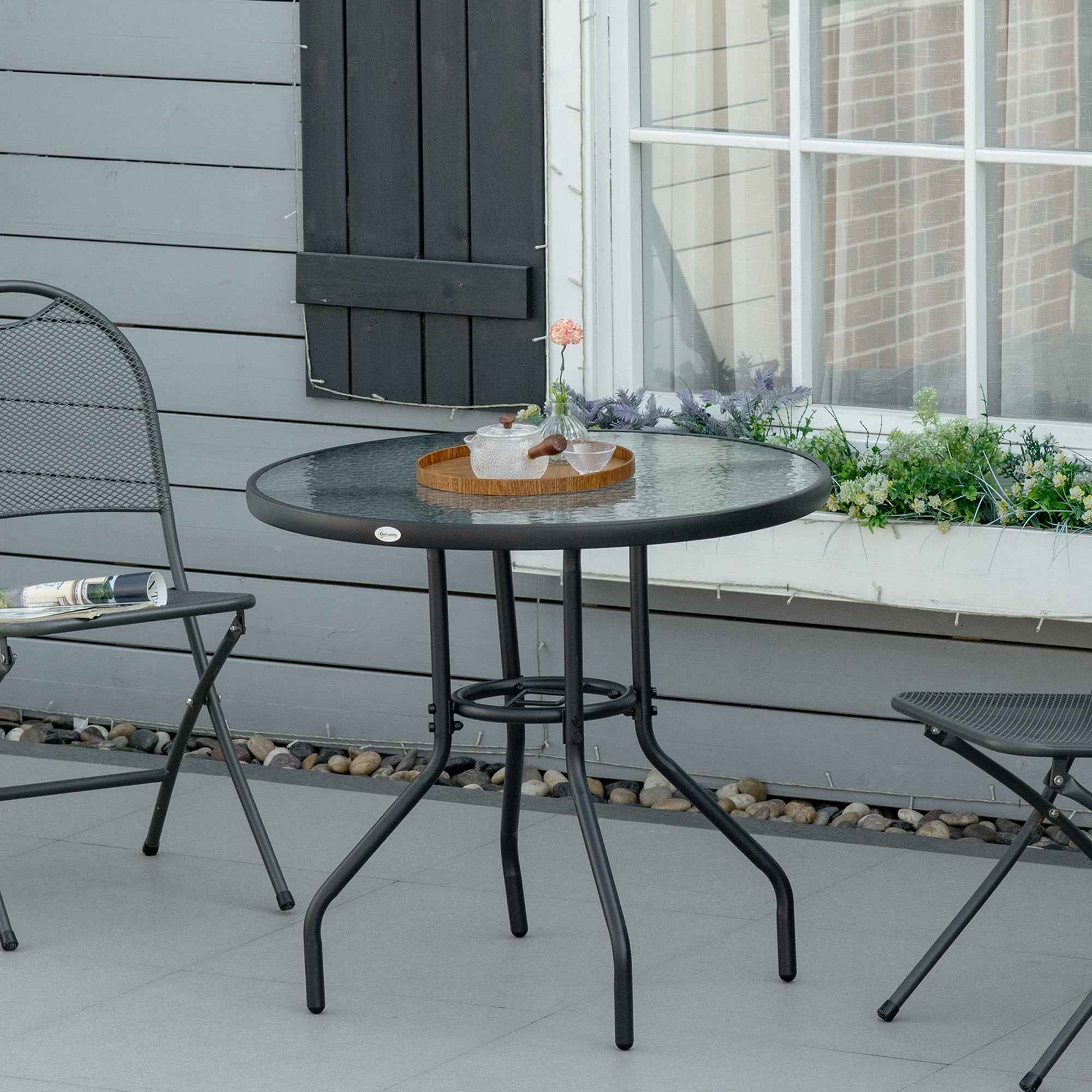 Outsunny Garden Table Round Coffee Table with Hole, 80cm, Black