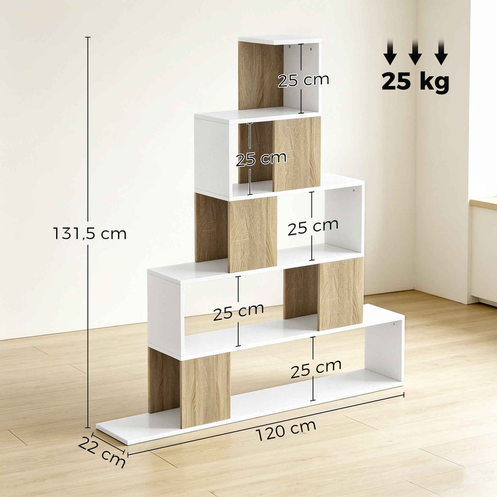 HOMCOM Modern 5-Tier Bookcase with Step Design, 120x22x131.5 cm, White and Wood